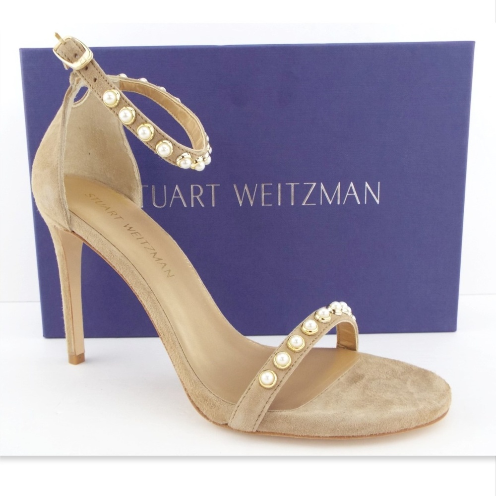 New STUART WEITZMAN Suede Leather Pearl Embellished Ankle Strap Pump Sandals 8.5